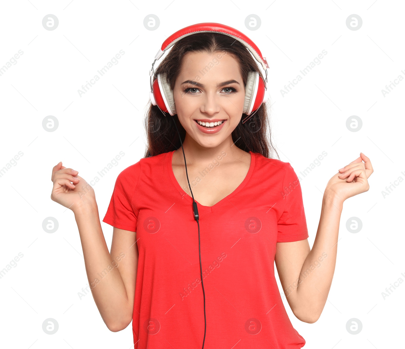 Photo of Young woman listening to Christmas music on white background