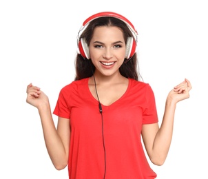 Photo of Young woman listening to Christmas music on white background