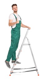 Photo of Worker in uniform climbing up metal ladder on white background