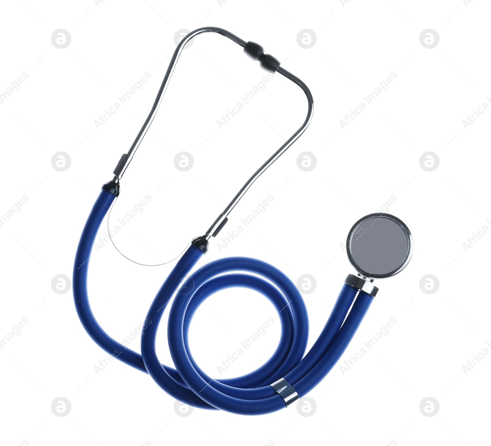 Photo of Stethoscope on white background, top view. Medical device