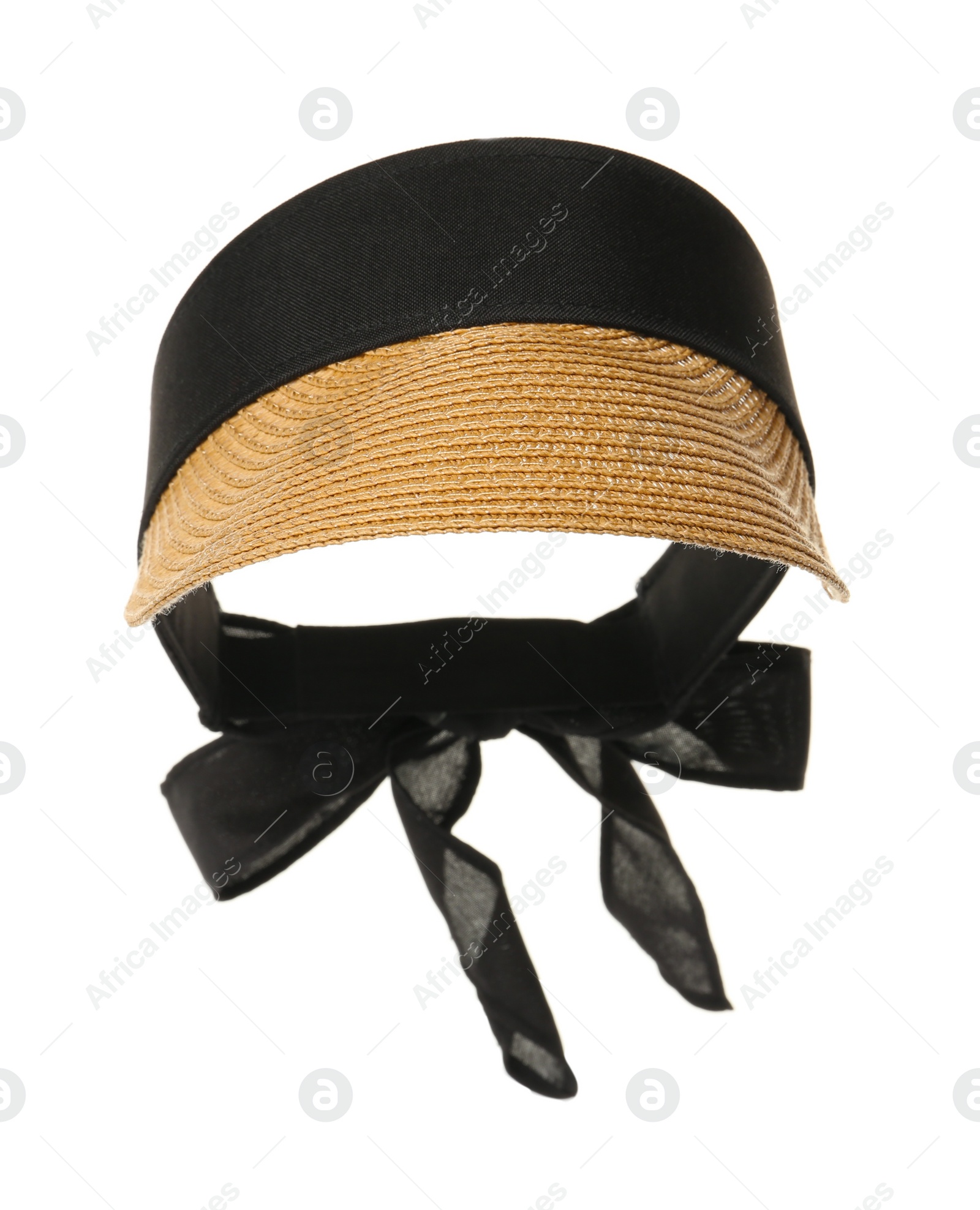 Photo of Stylish straw visor cap with black ribbon isolated on white