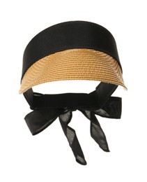 Stylish straw visor cap with black ribbon isolated on white