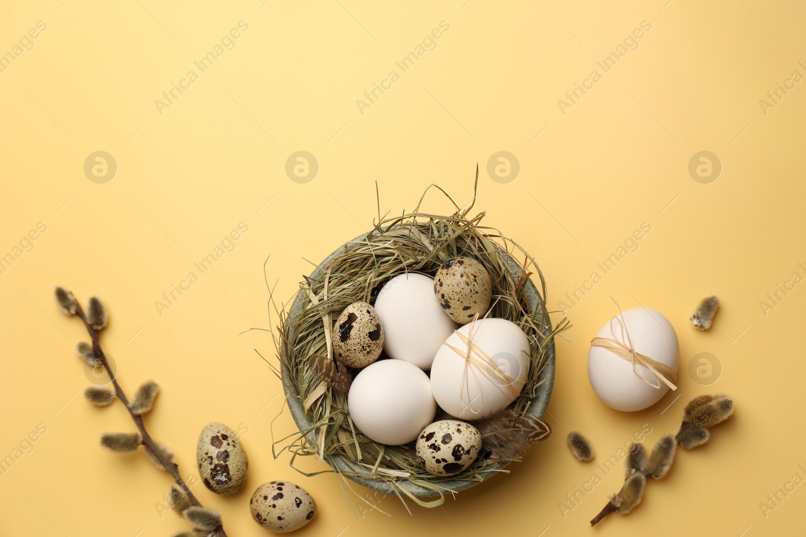 Photo of Happy Easter. Nest with different eggs and fluffy willow branches on yellow background, flat lay. Space for text