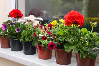 Different beautiful potted flowers on windowsill indoors