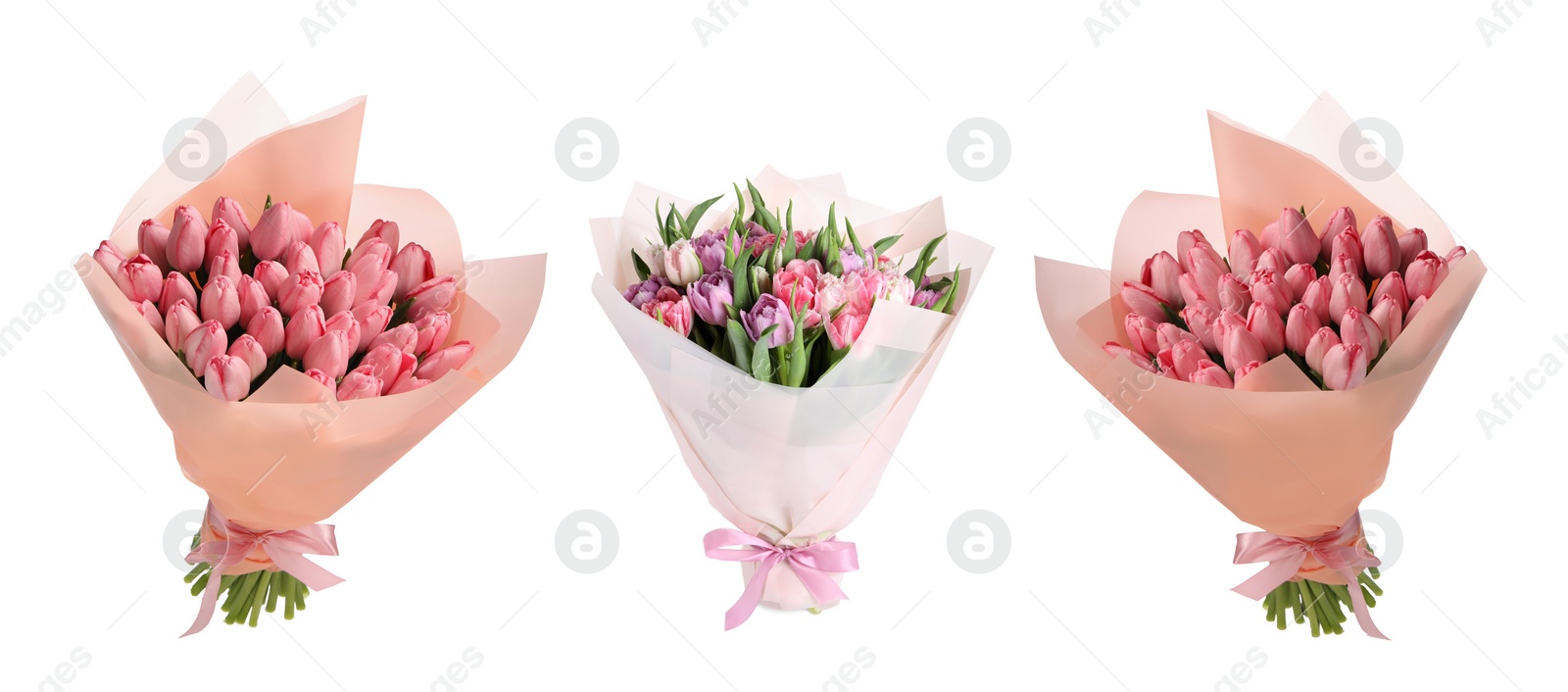 Image of Beautiful bouquets of tulip flowers isolated on white, set