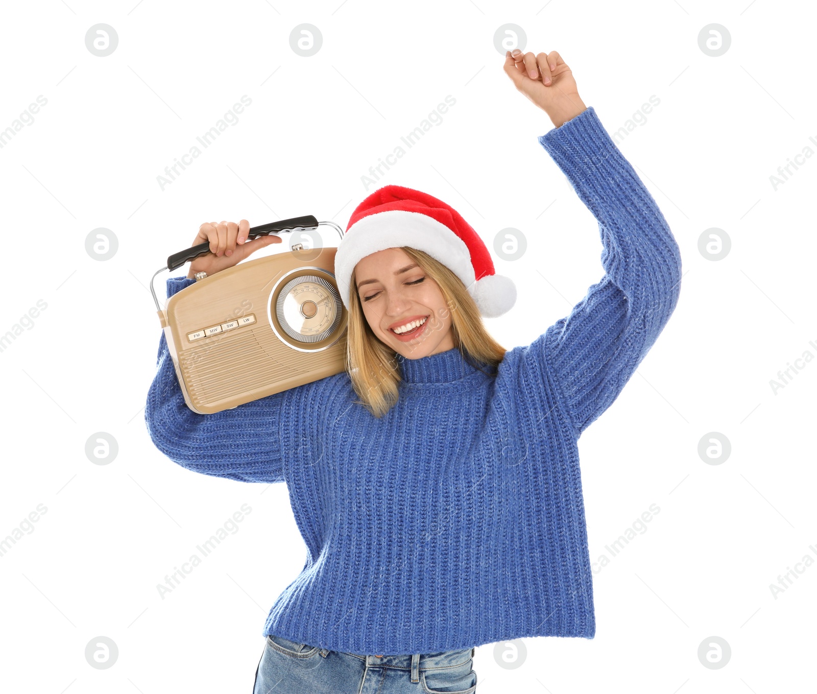 Photo of Happy woman with vintage radio on white background. Christmas music