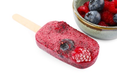 Tasty berry ice pop isolated on white. Fruit popsicle