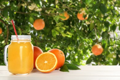 Image of Fresh orange juice on wooden table in orchard. Space for text