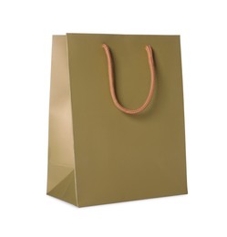 Photo of One brown shopping bag isolated on white