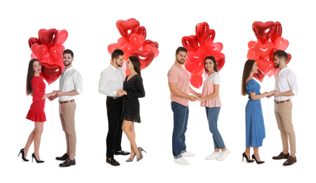 Image of Collage of happy young couples with heart shaped balloons on white background. Banner design