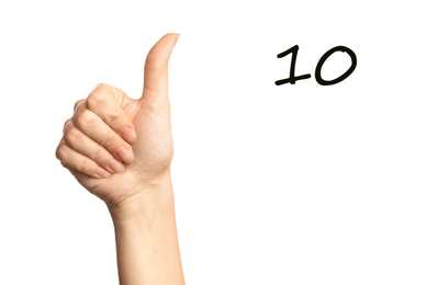 Image of Woman showing number ten on white background, closeup. Sign language