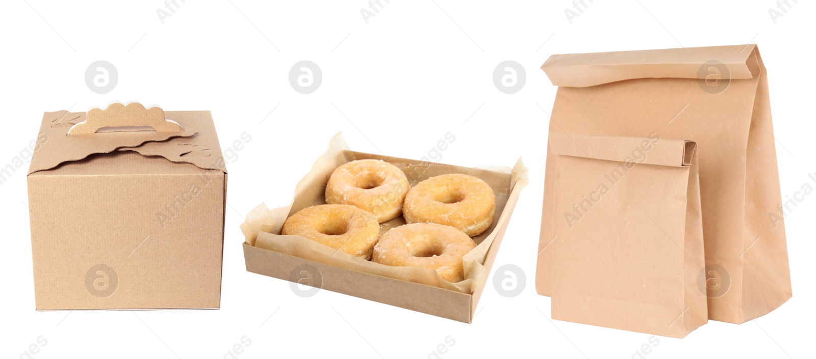 Image of Collage of cardboard containers on white background. Food delivery