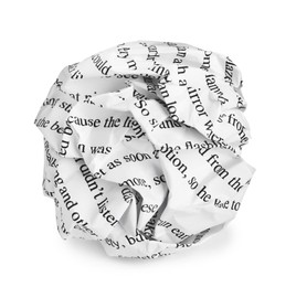 Photo of Crumpled sheet of paper with printed text isolated on white