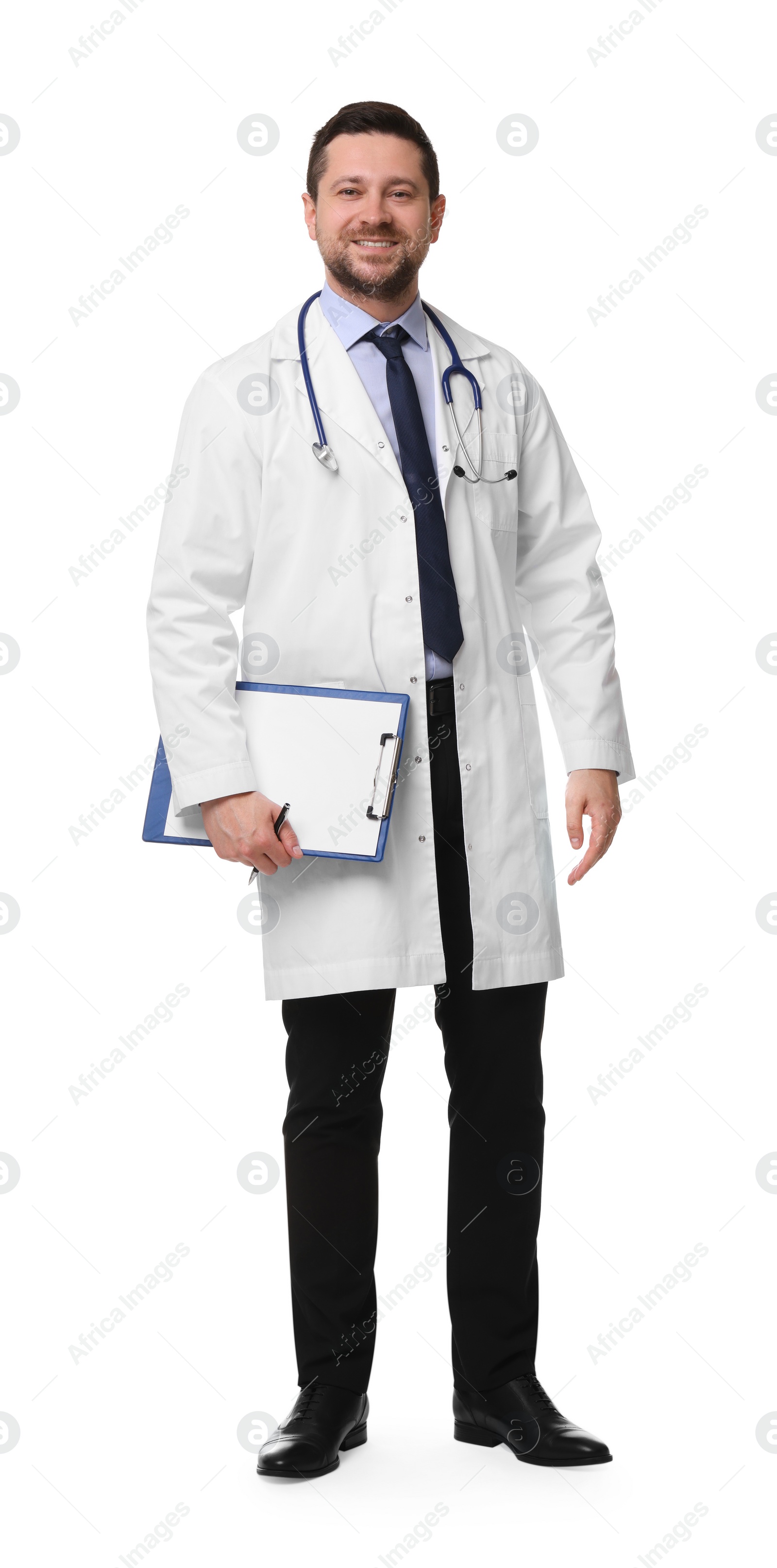 Photo of Full length portrait of smiling doctor with clipboard isolated on white