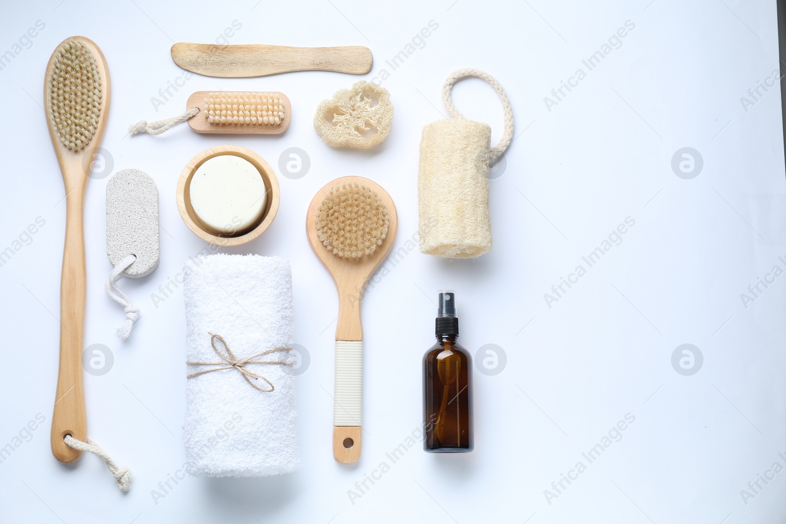 Photo of Bath accessories. Flat lay composition with personal care products on white background, space for text