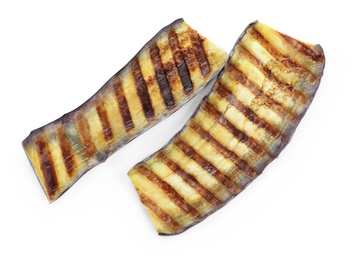 Delicious grilled eggplant slices on white background, top view