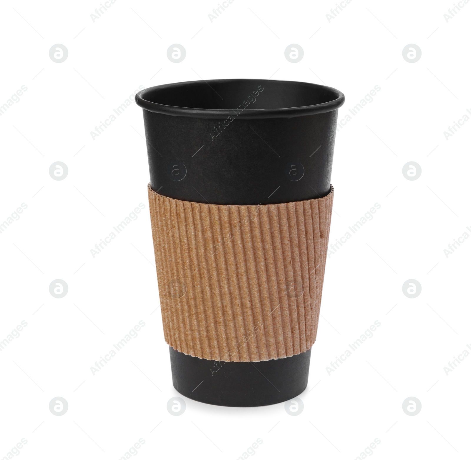 Photo of Takeaway paper coffee cup with cardboard sleeve isolated on white