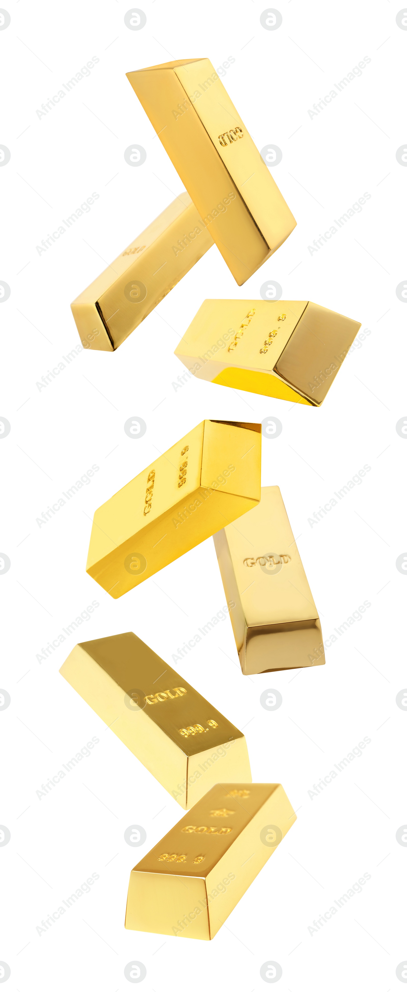 Image of Set of falling gold bars on white background