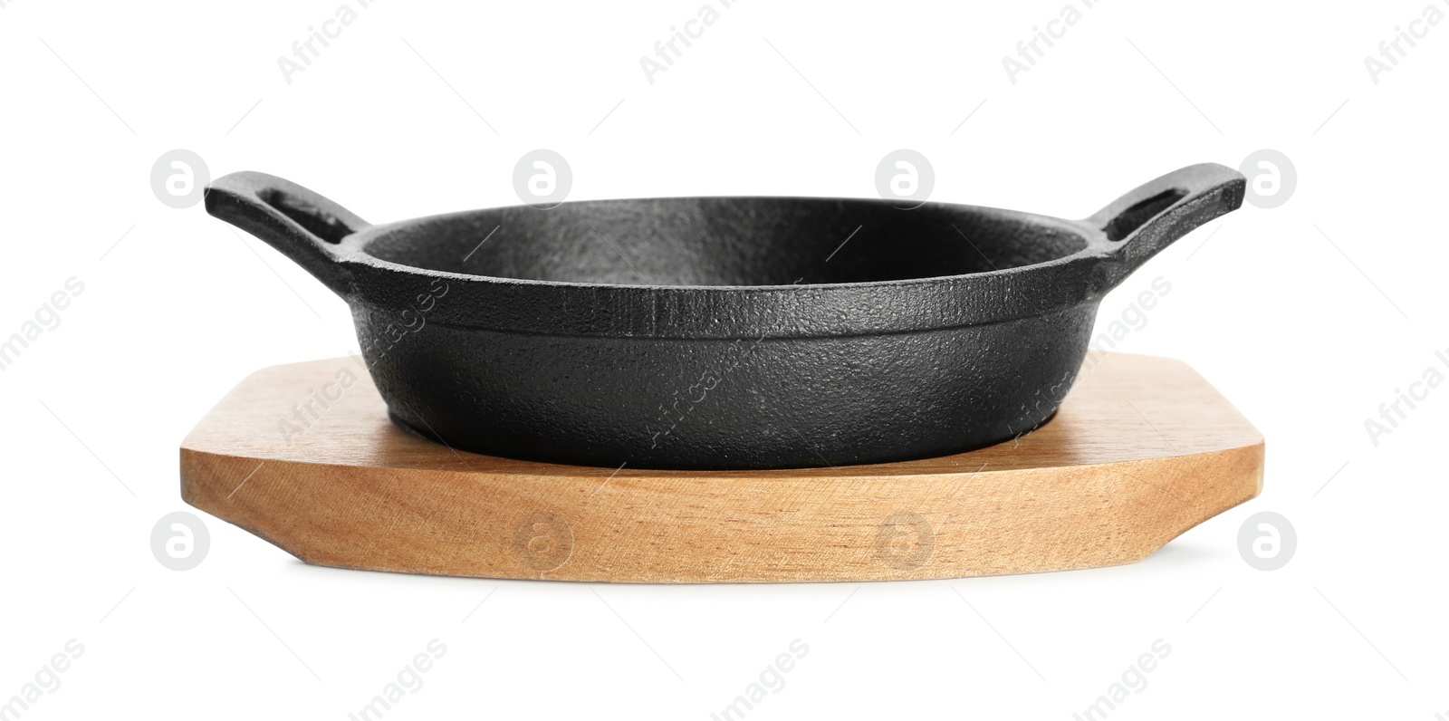 Photo of Frying pan and wooden board isolated on white. Cooking utensil