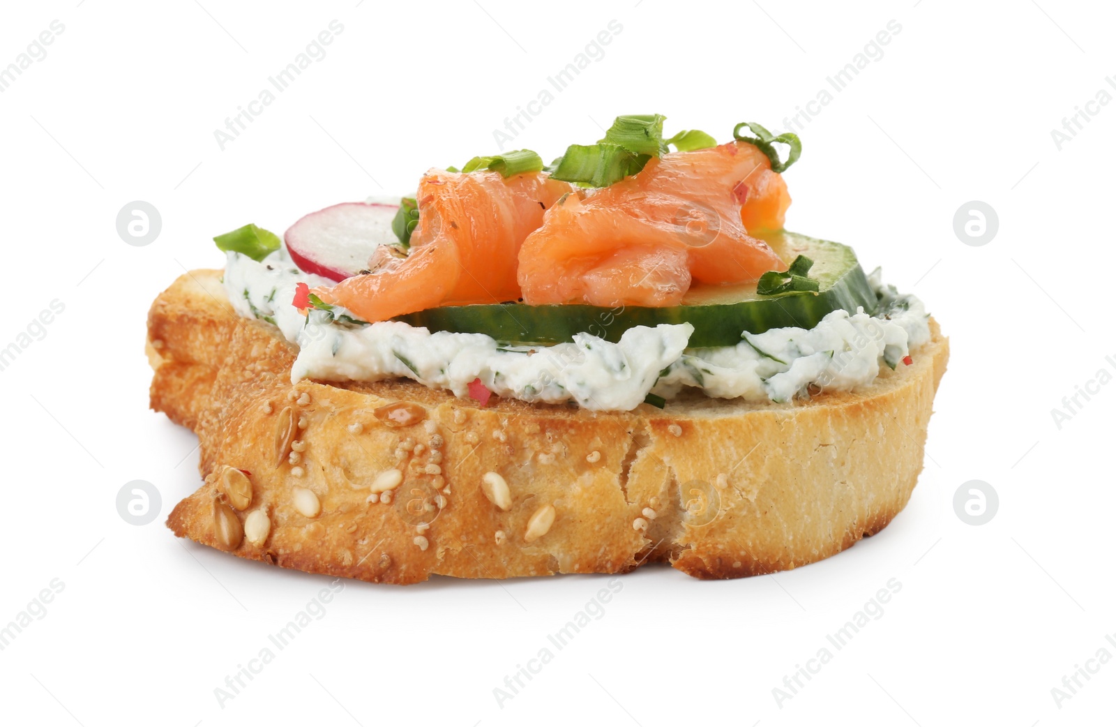 Photo of Tasty canape with salmon, cucumber, radish and cream cheese isolated on white