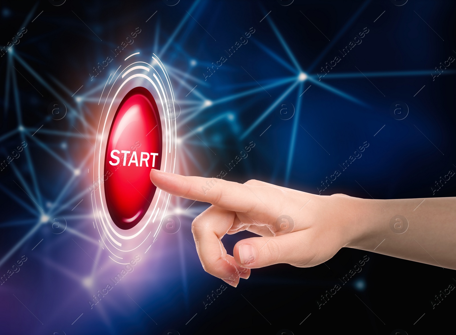 Image of Woman pointing at start icon on dark background, closeup
