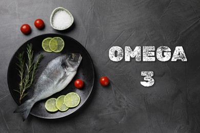 Omega 3. Fresh dorado fish, lime, tomatoes and rosemary on grey table, flat lay