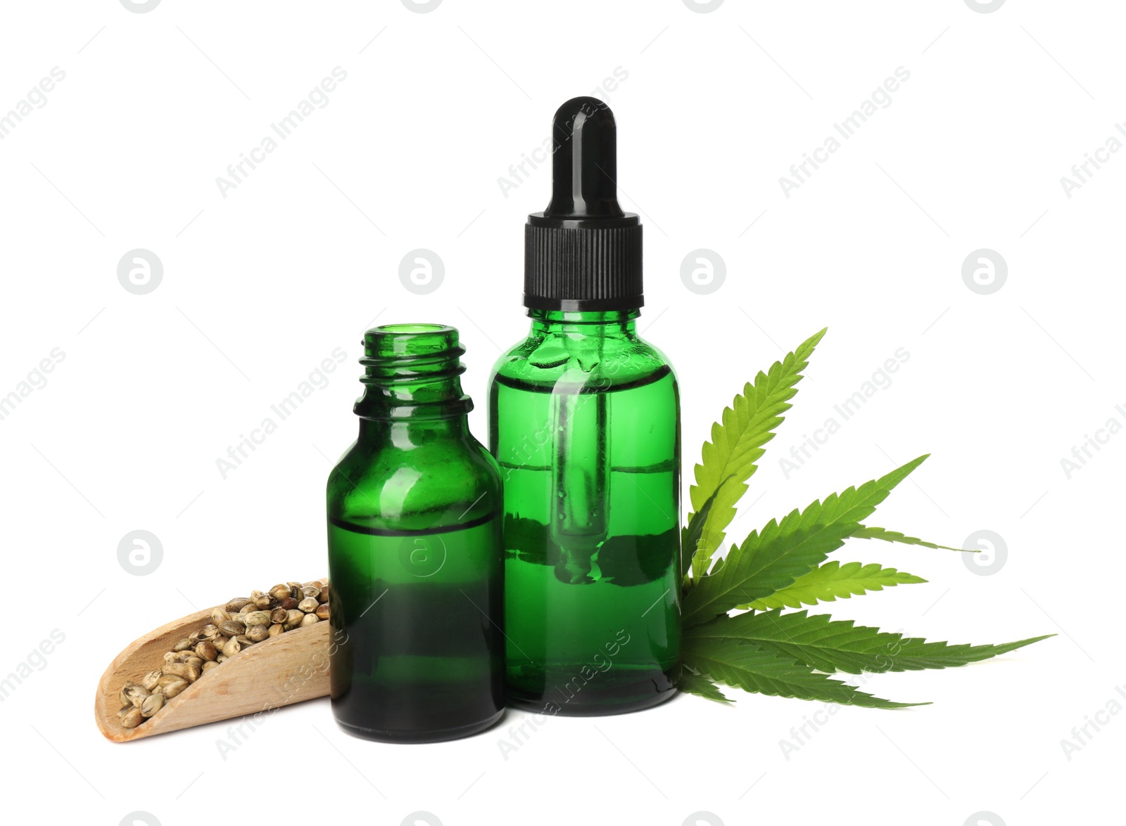 Photo of CBD oil, THC tincture, hemp leaf and grains on white background