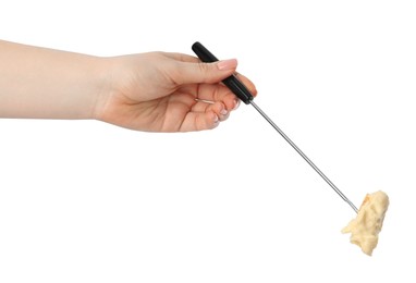 Photo of Tasty fondue. Woman holding fork with piece of bread and melted cheese on white background, closeup