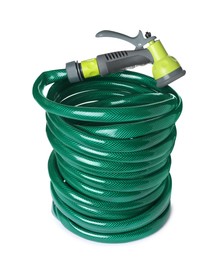 Photo of Green rubber watering hose with nozzle isolated on white