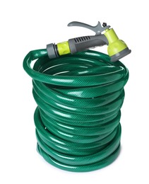 Green rubber watering hose with nozzle isolated on white