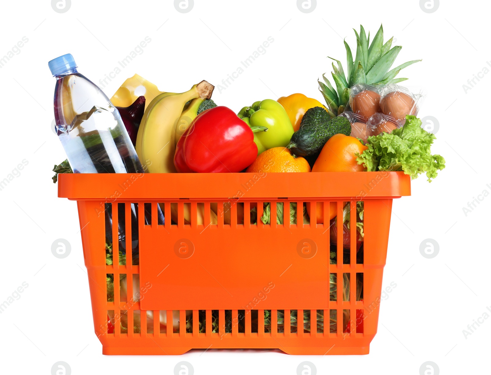 Photo of Shopping basket with grocery products on white background