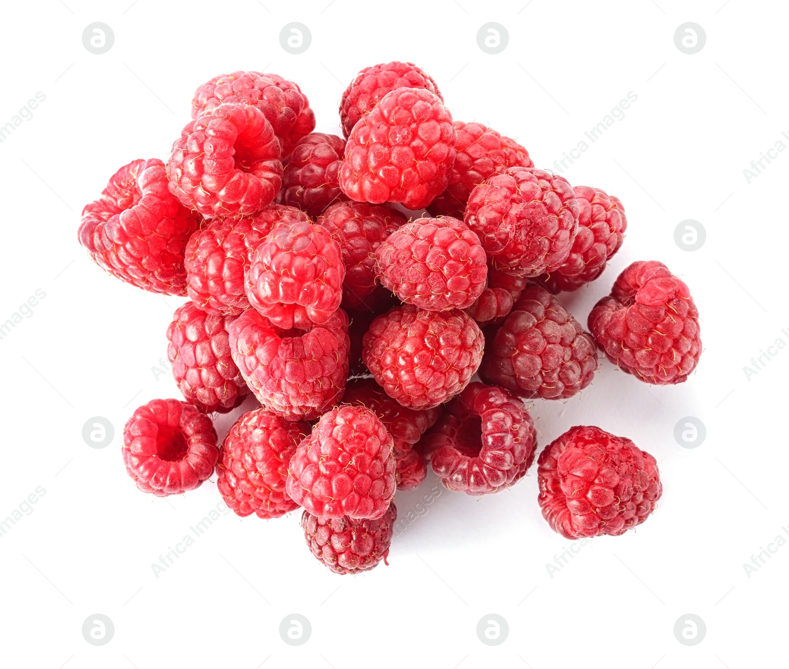 Photo of Delicious ripe raspberries on white background, top view