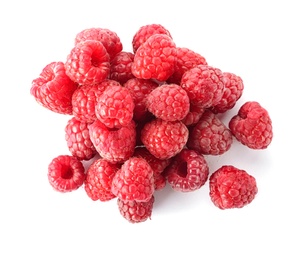 Photo of Delicious ripe raspberries on white background, top view