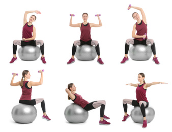 Image of Collage of woman with fitball doing exercises on white background