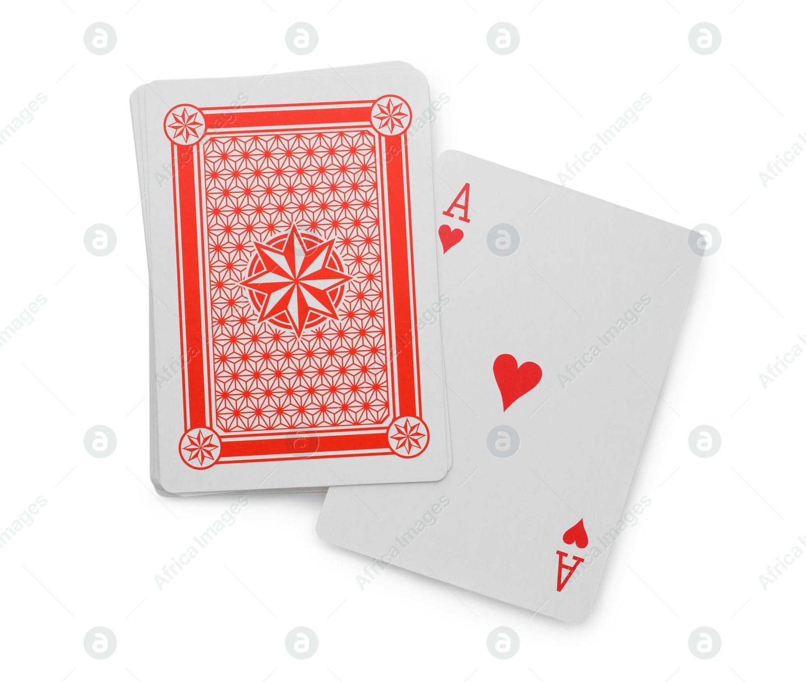 Photo of Deck of playing cards isolated on white, top view. Poker game