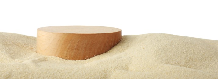 Photo of Presentation of product. Wooden podium on sand against white background. Space for text