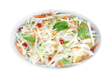 Photo of Fresh cabbage salad in bowl isolated on white, top view
