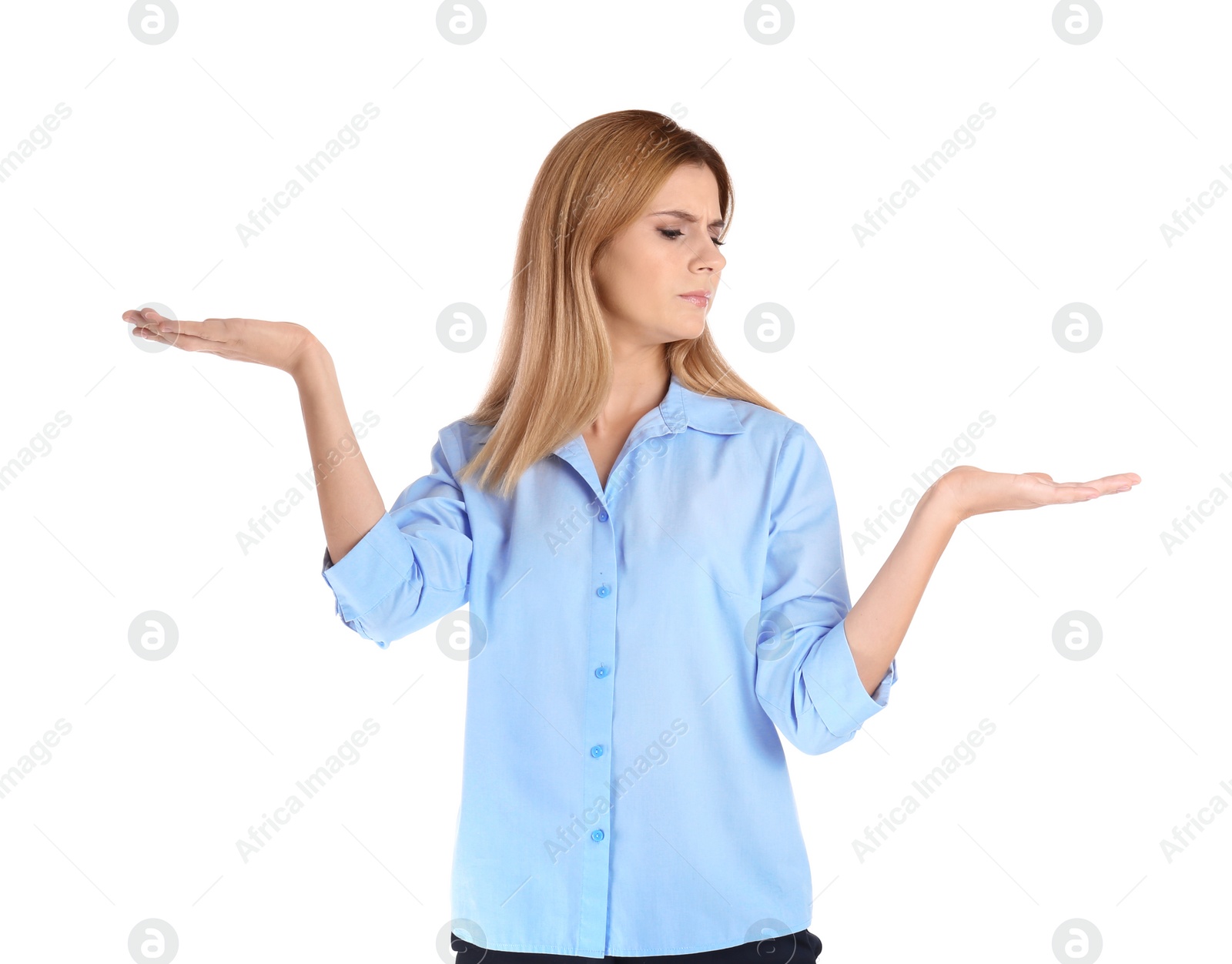 Photo of Portrait of businesswoman showing balance gesture on white background