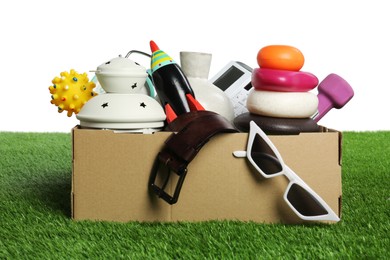 Photo of Box with different stuff on green grass against white background. Garage sale