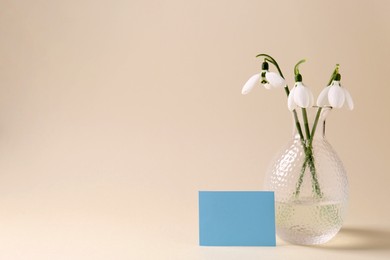 Beautiful snowdrops and paper card on beige background. Space for text