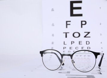 Photo of Vision test chart and glasses on white background, closeup. Space for text