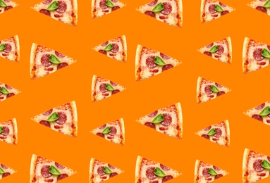 Image of Pepperoni pizza slices on orange background. Pattern design 