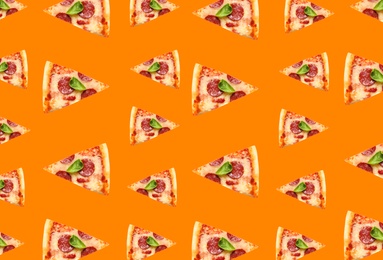 Pepperoni pizza slices on orange background. Pattern design 