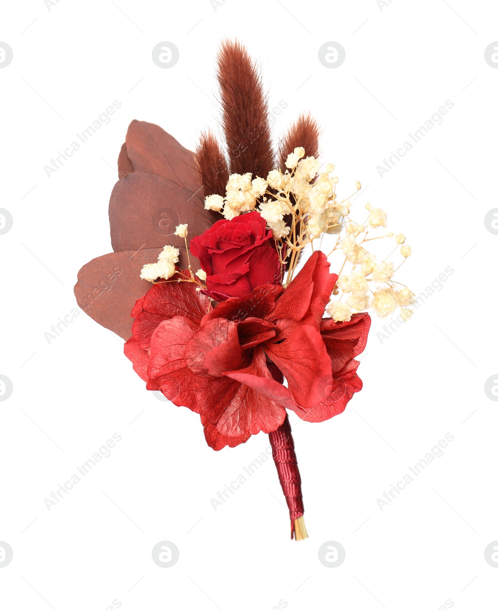 Photo of Beautiful boutonniere with red rose isolated on white