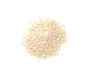 Photo of Pile of uncooked rice on white background, top view