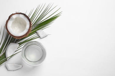 Photo of Composition with coconut oil on white background, top view