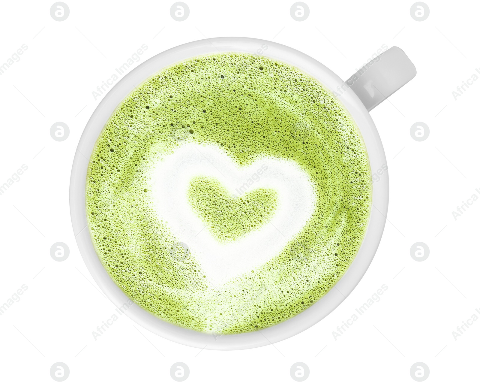 Photo of Cup of fresh matcha latte isolated on white, top view