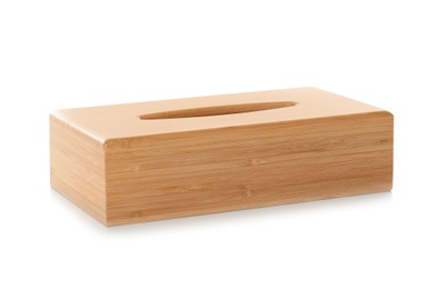 Empty wooden napkin holder on white background