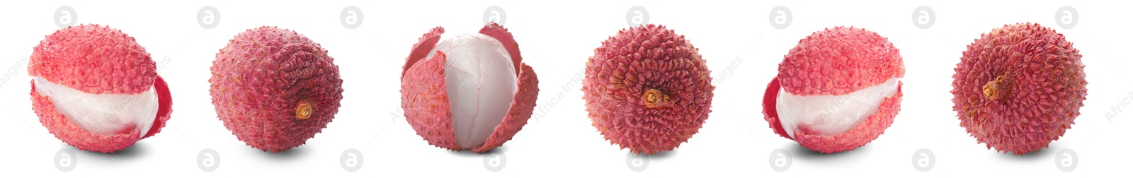 Image of Set with tasty ripe lychee fruits on white background. Banner design