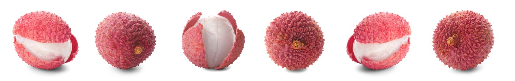 Image of Set with tasty ripe lychee fruits on white background. Banner design